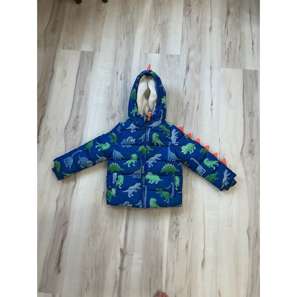 Gymboree Boys Blue Dinosaur Puffer Jacket Sherpa Lined 3D Spikes 4T 3050226
